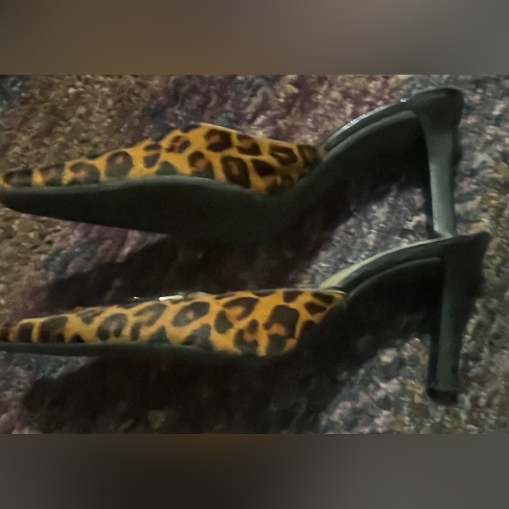 Gorgeous Dark Brown Leopard Pointed-Toe 3 1/2” Heeled Mules Calf Hair Leather - Picture 9 of 13